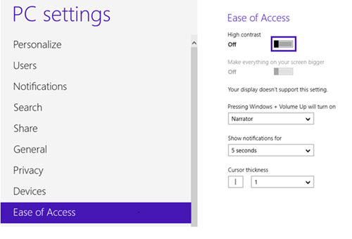 Ease of Access Settings, Toggle On or Off
